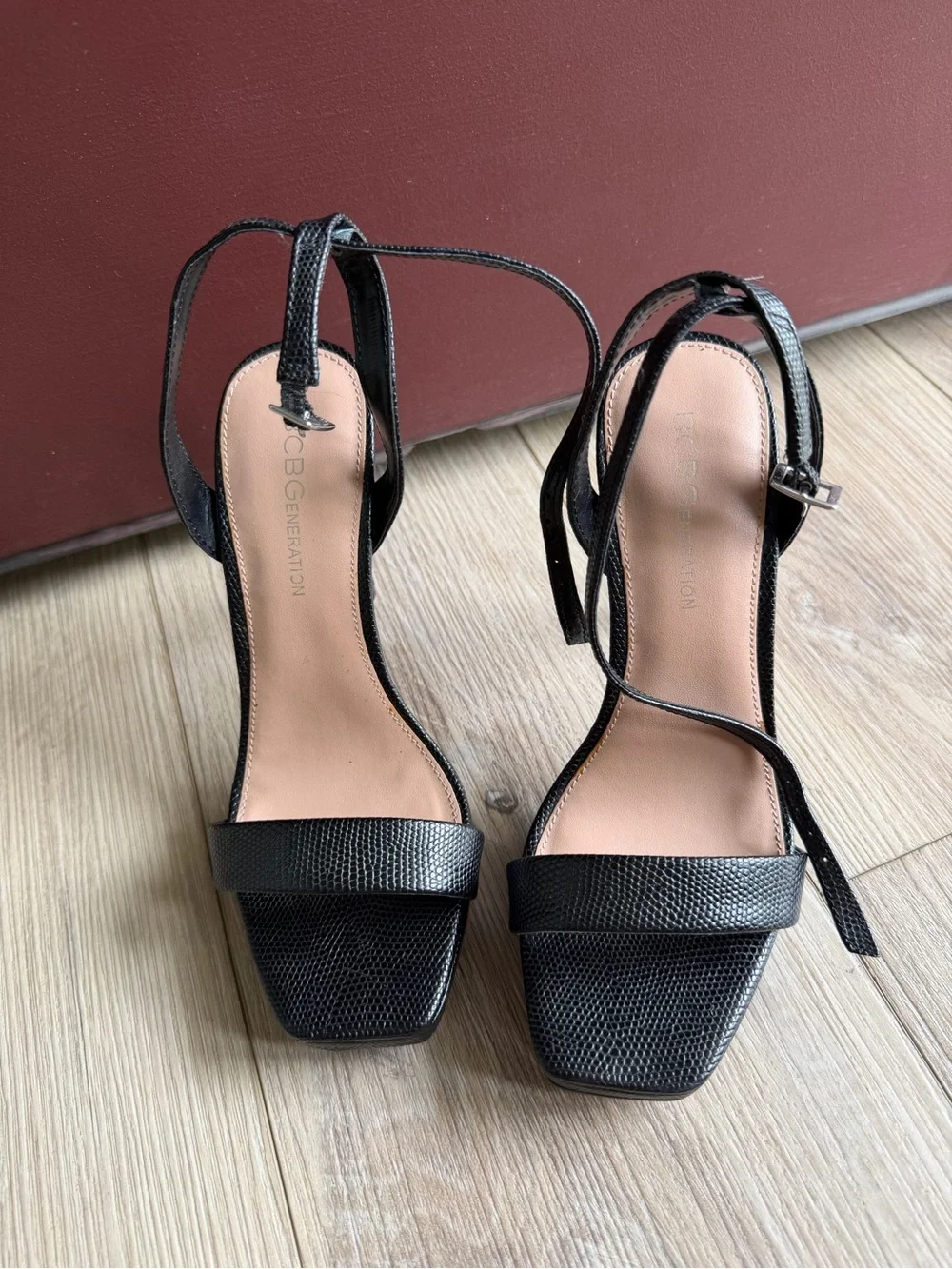 BCBGeneration Black Textured Ankle-Tie Stiletto Sandals
